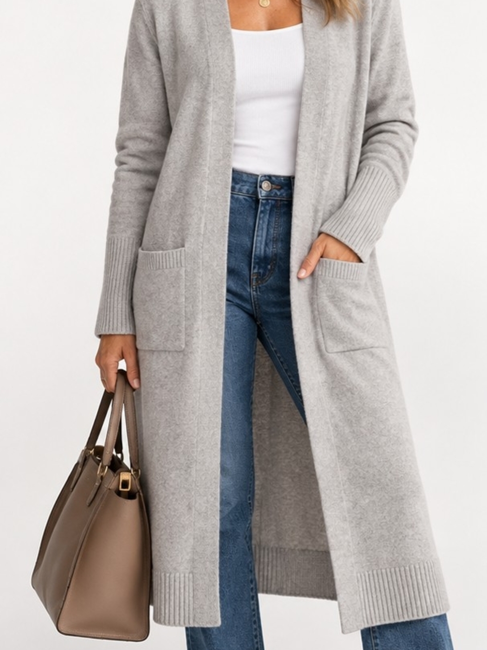 Saks Fifth Avenue 100% Cashmere Long Cardigan Duster Grey L